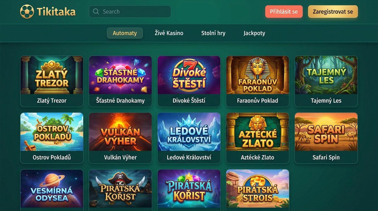 Úvodní stránka online casina Tikitaka s nabídkou automatů, živého casina a jackpotů