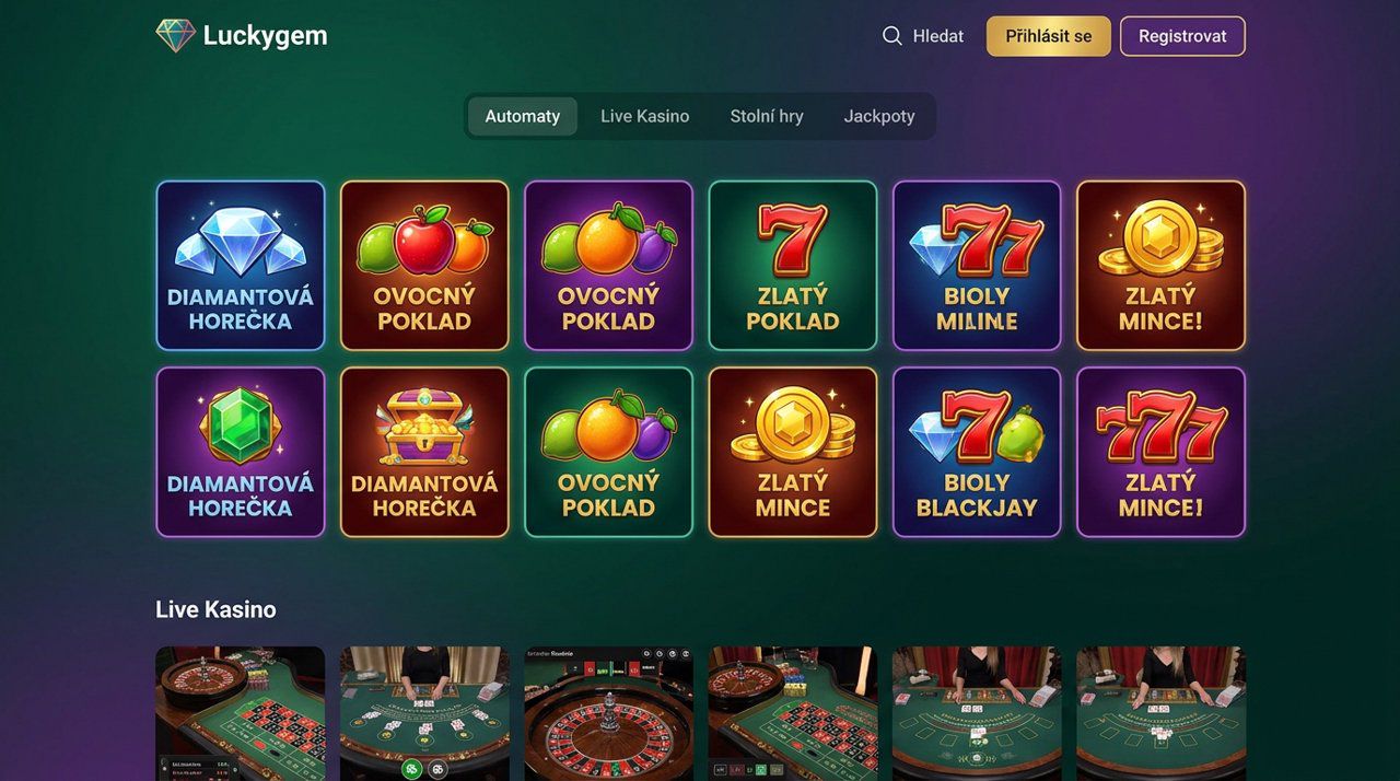 Úvodní stránka online casina Luckygem s nabídkou automatů a živého kasina
