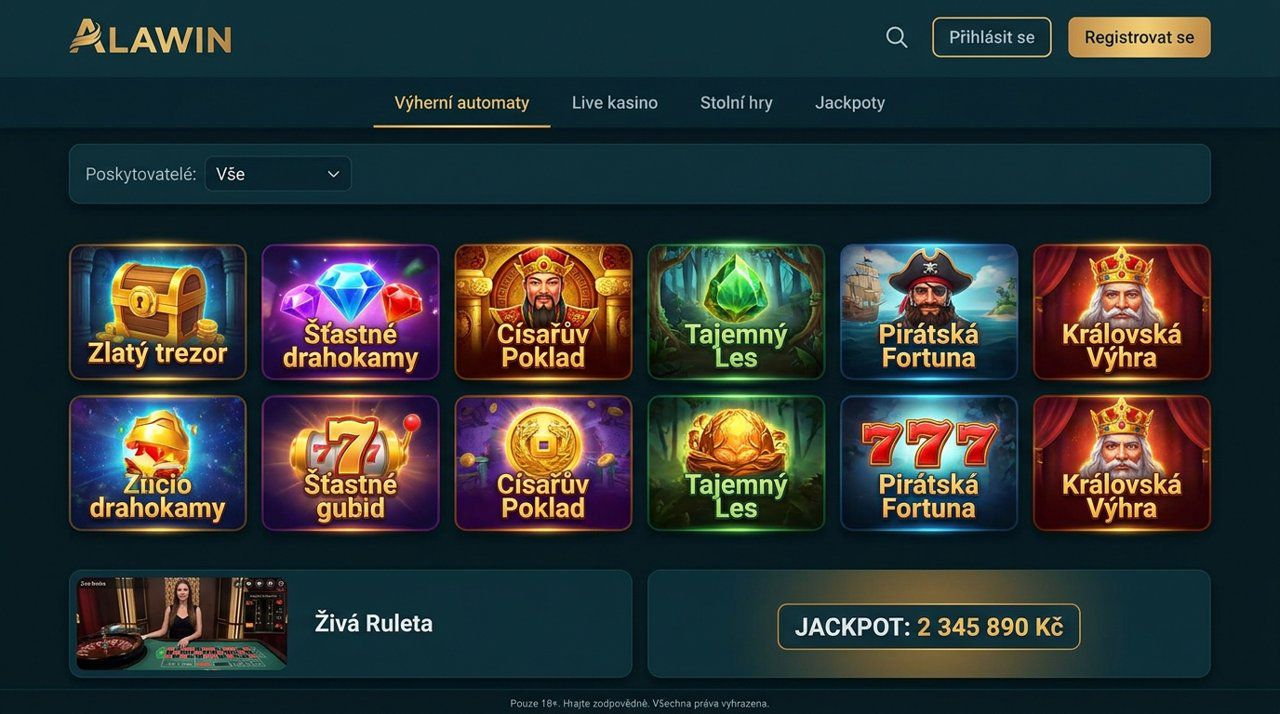Ukázka hlavní stránky kasina Alawin s nabídkou automatů, živého kasina a jackpotů