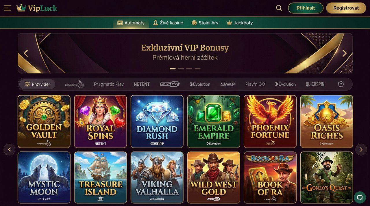 Úvodní stránka online casina VIPLuck s nabídkou automatů a živého kasina