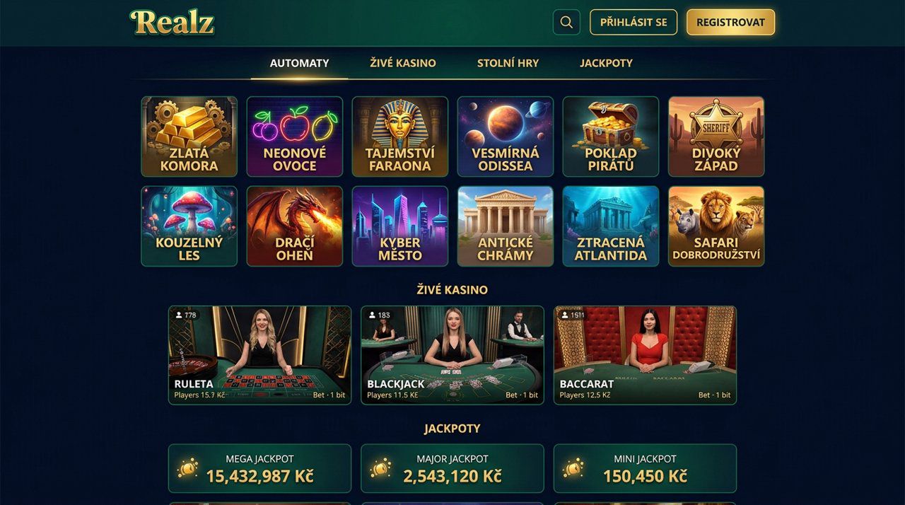 Snímek domovské stránky online casina Realz s nabídkou automatů a živého kasina