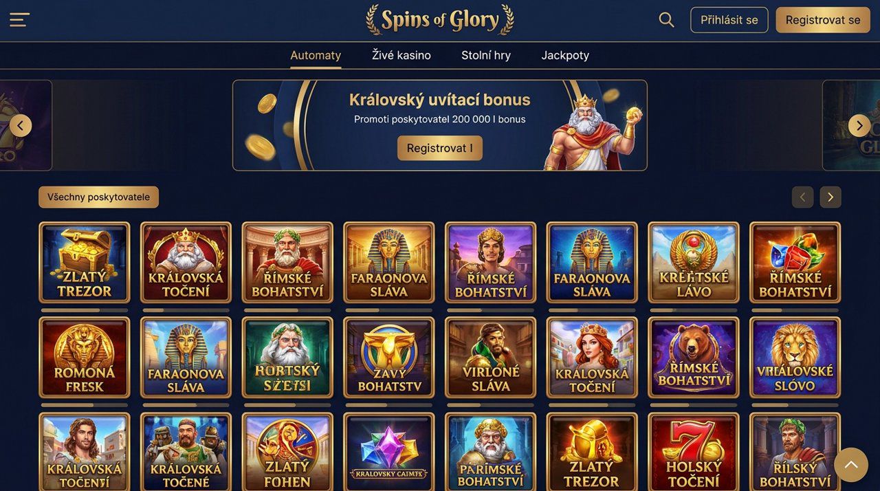 Úvodní stránka online casina Spins of Glory s nabídkou automatů a živého casina